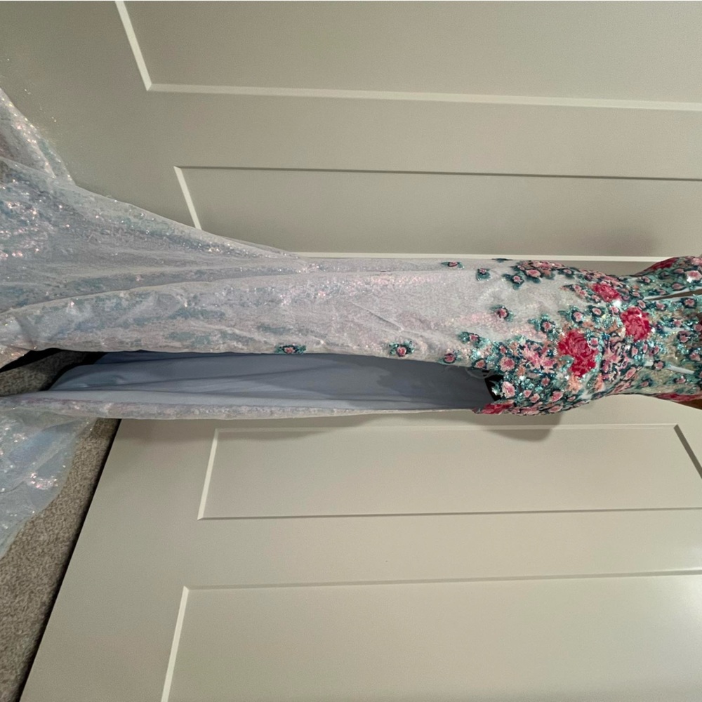 Jovani Strapless Floral Dress in Pink and Blue - Picture 3 of 5